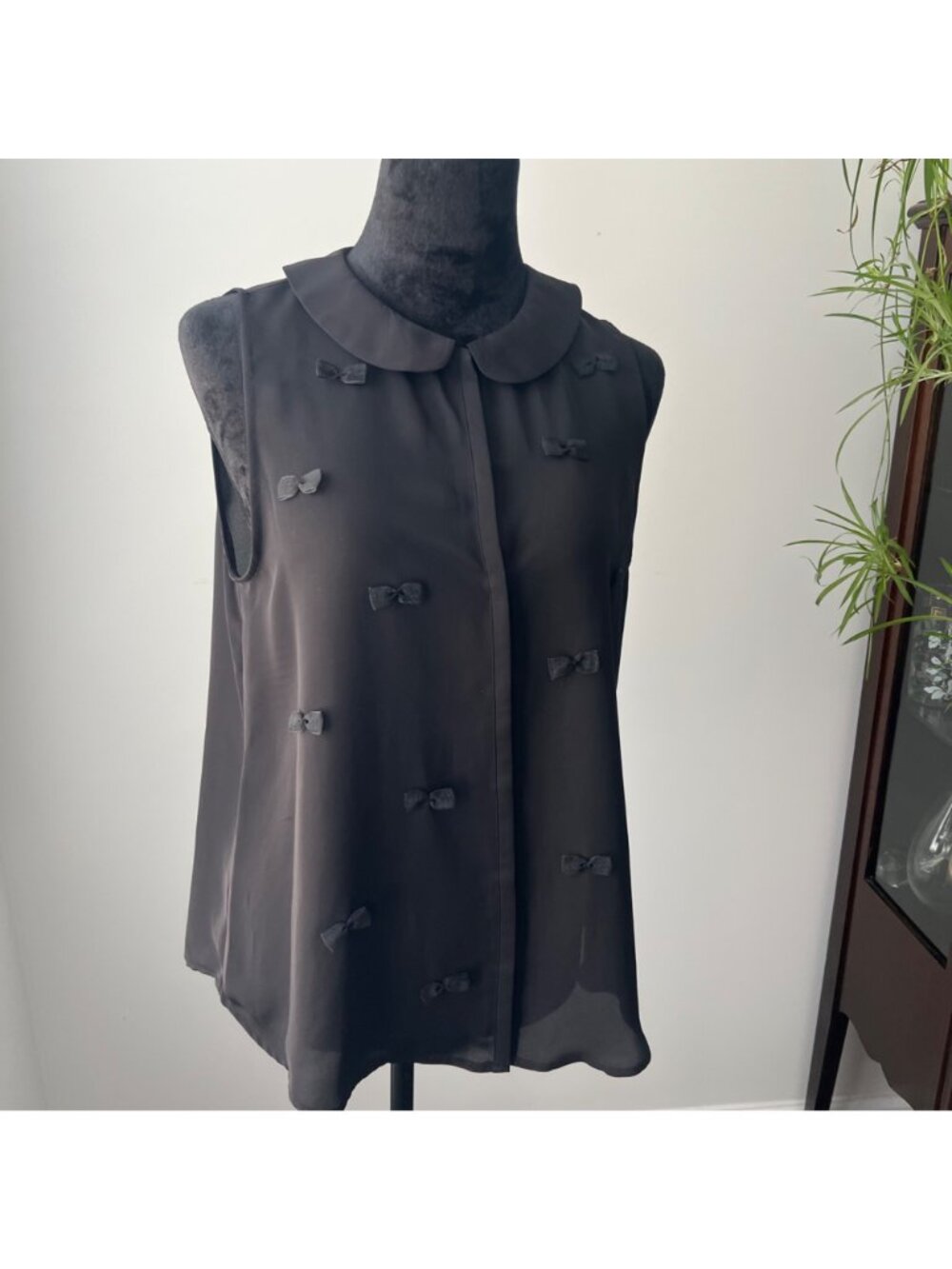 LC Lauren Conrad Black Chiffon Peter Pan Collar 3D Bow Blouse Coquette Medium - Picture 2 of 14